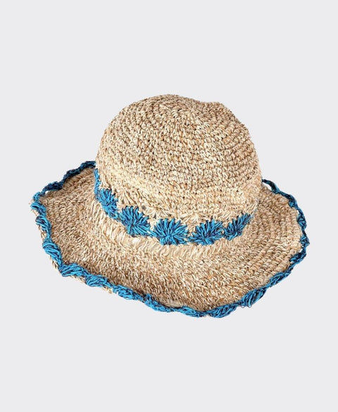 Sababa Crochet Smiley Morning Turquoise Flowers Large Brim - Turquoise
