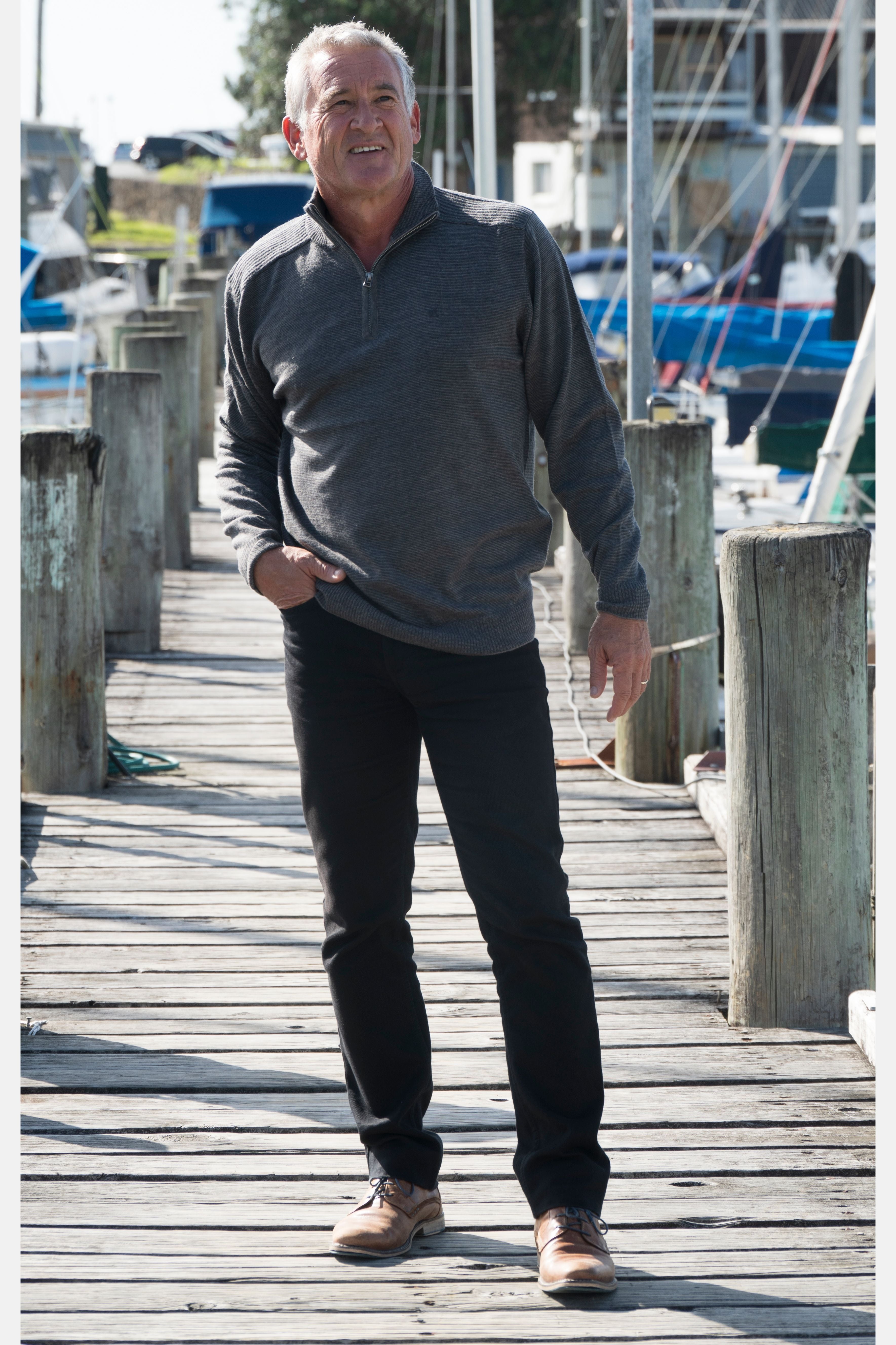 Classified Man Knit Zip Neck Merino - Charcoal/Fawn