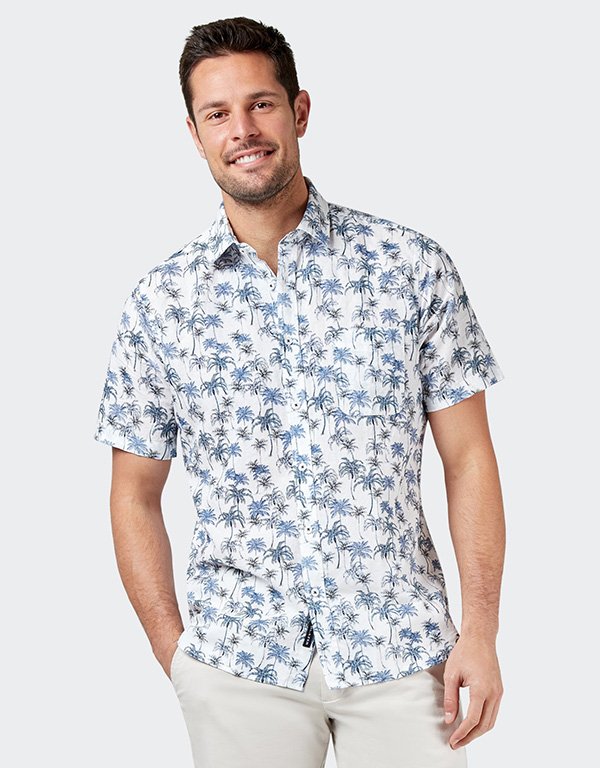 Blazer Shirt S/S Cotton/Linen Palm Print - White Multi