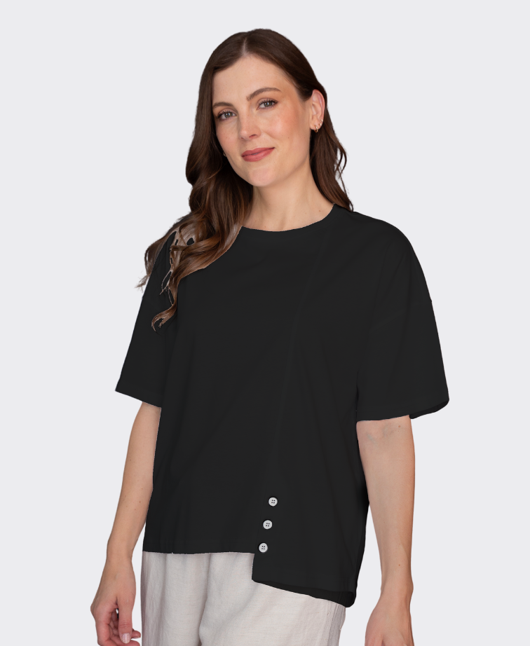 White On Black Top 3 Button Crew