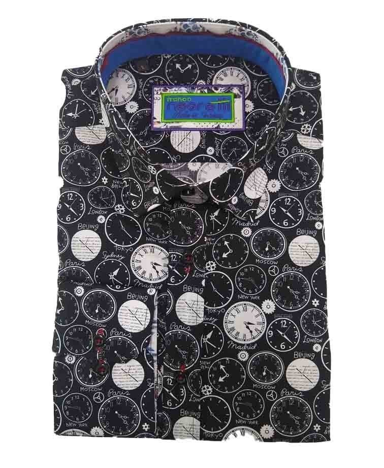 Franco Negretti Shirt L/S Time Print - Moonless