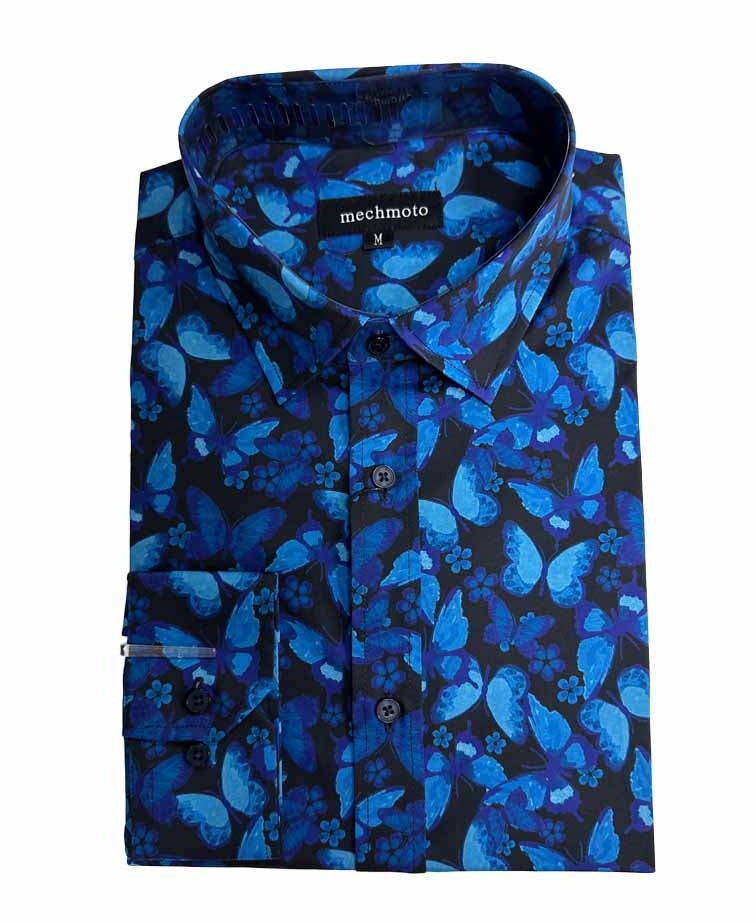 Mechmoto Shirt L/S Stretch Butterfly Print - Blue