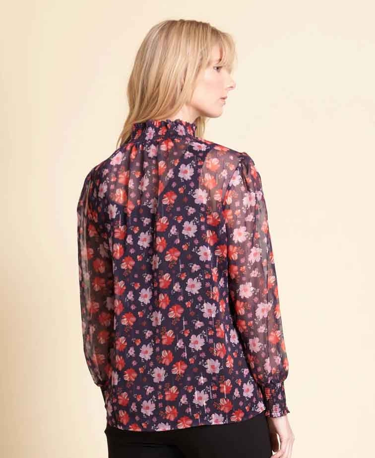 Memo Blouse Smocked Neck & Cuffs Chiffon - Nightfall Bloom