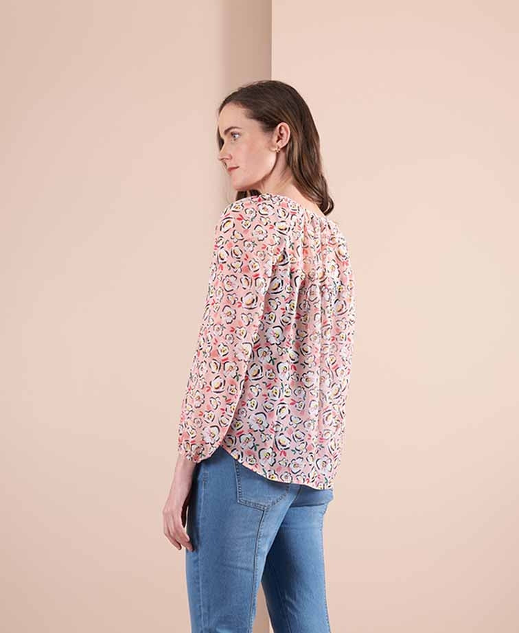 Memo Blouse Peasant V-Neck Chiffon - Blush Floral