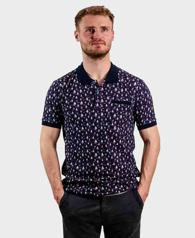 T&R Polo S/S Boat Print - Navy