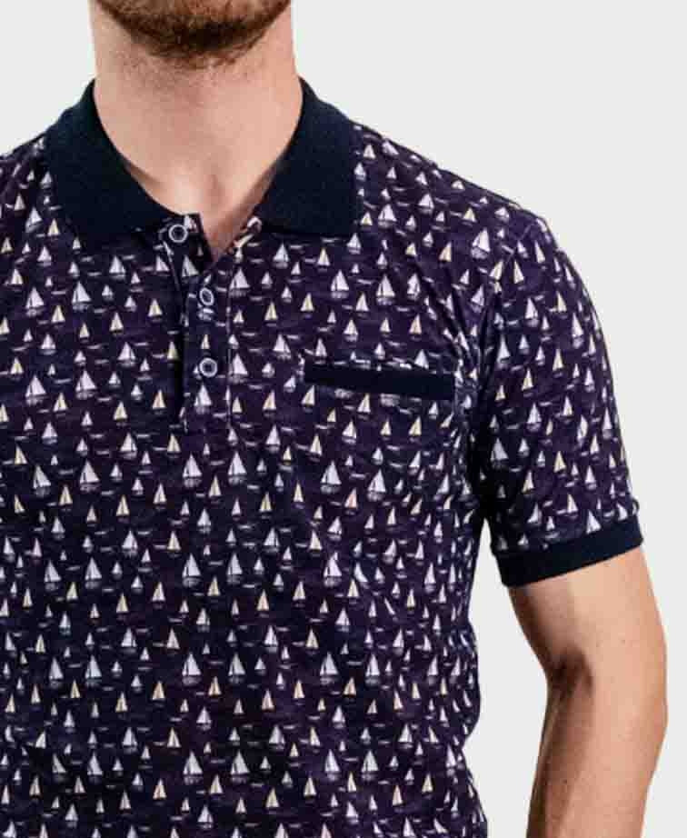 T&R Polo S/S Boat Print - Navy