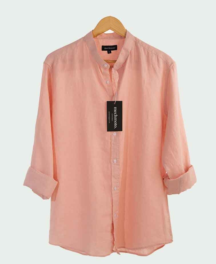 Mechmoto Shirt L/S Linen Mandarin Collar - Pink