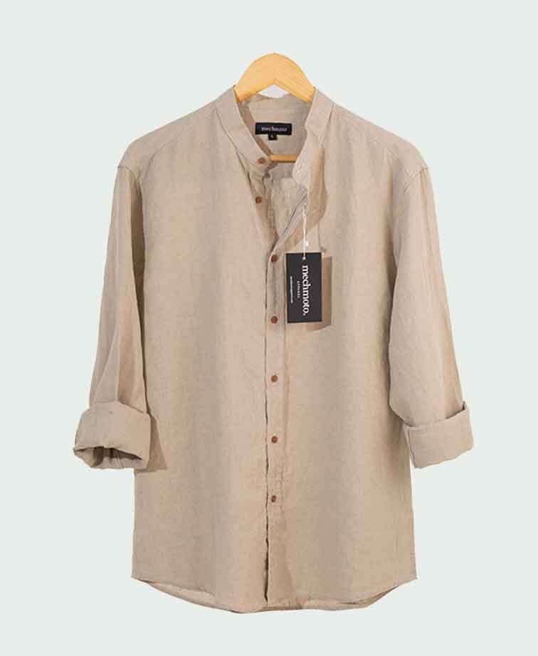 Mechmoto Shirt L/S Linen Mandarin Collar - Oatmeal