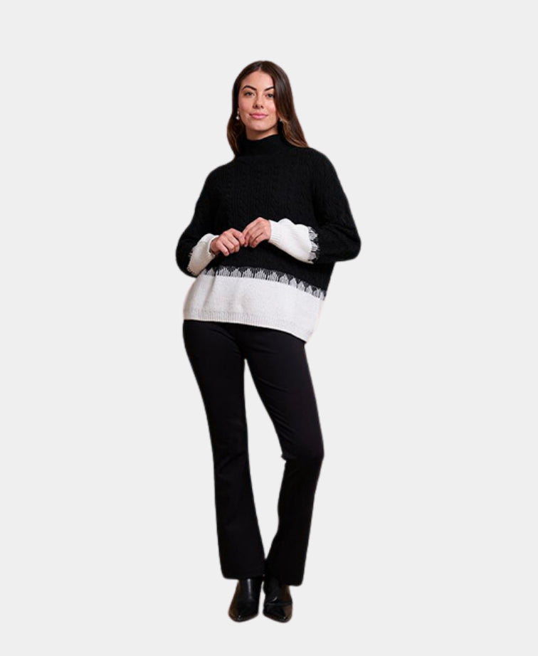 Oh Three Jumper Cable Knit Contrast Hem - Black/White