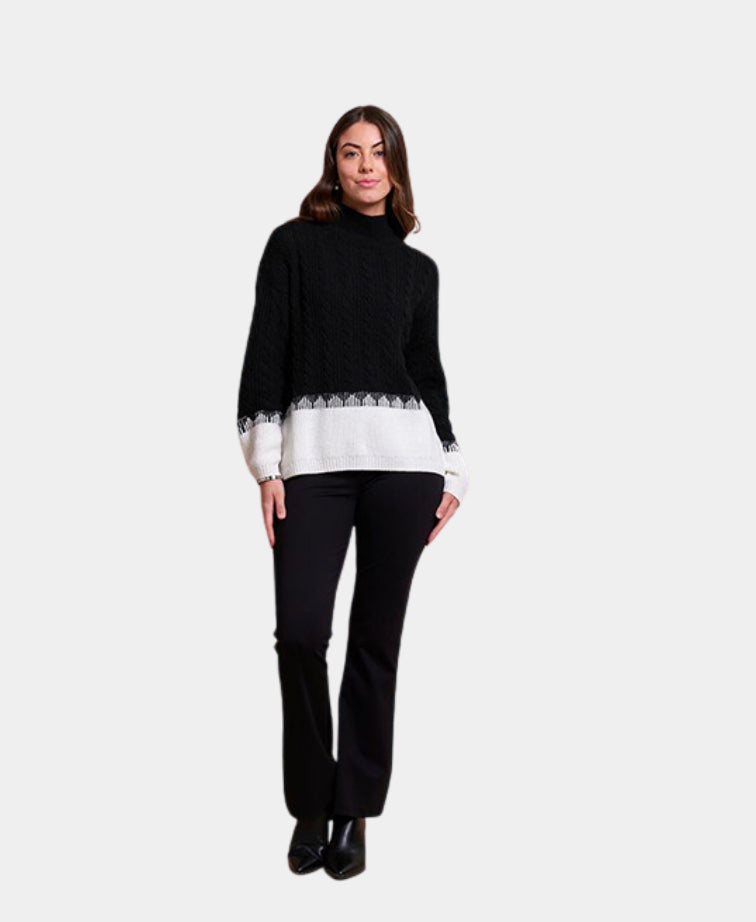 Oh Three Jumper Cable Knit Contrast Hem - Black/White