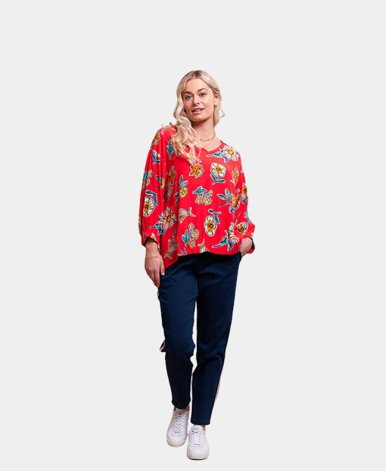 Foil Top Gather Hem Floral Viscose - Fire Floral