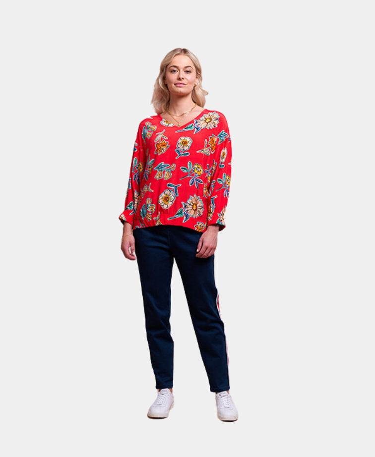 Foil Top Gather Hem Floral Viscose - Fire Floral