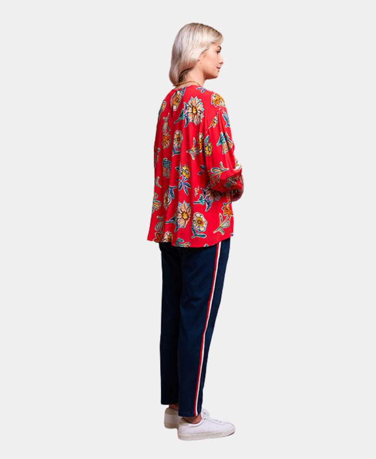 Foil Top Gather Hem Floral Viscose - Fire Floral