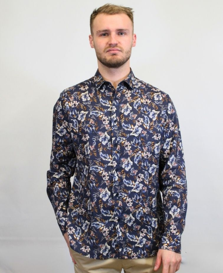 Mechmoto Shirt L/S Linen Floral Print - Navy