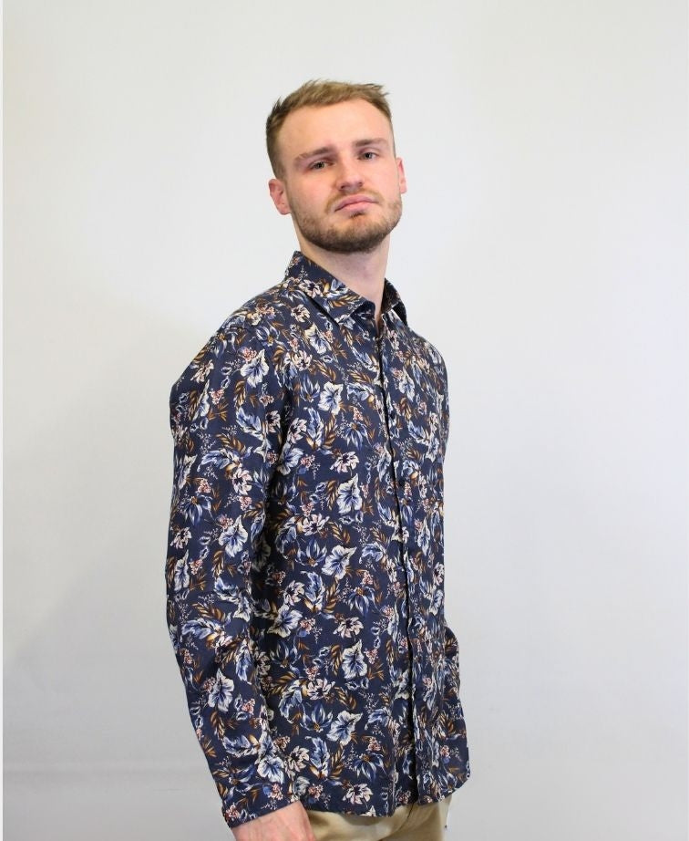 Mechmoto Shirt L/S Linen Floral Print - Navy