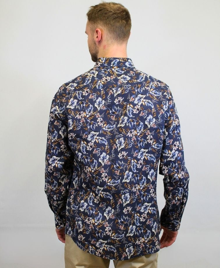Mechmoto Shirt L/S Linen Floral Print - Navy