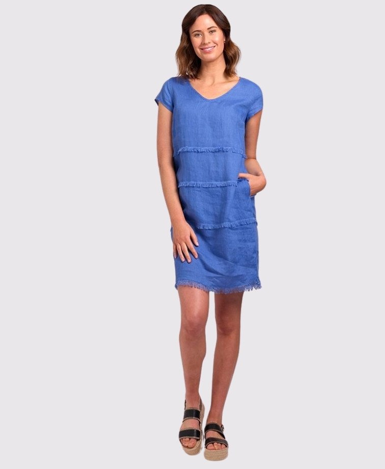 Foil Dress Fringe Detail Linen - Denim
