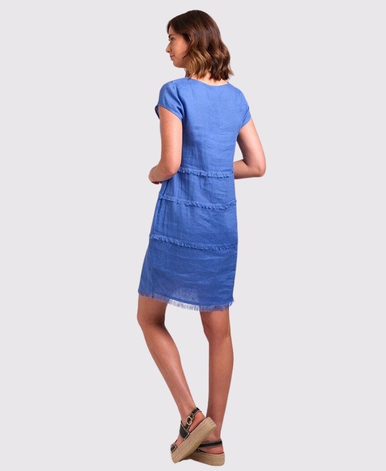 Foil Dress Fringe Detail Linen - Denim