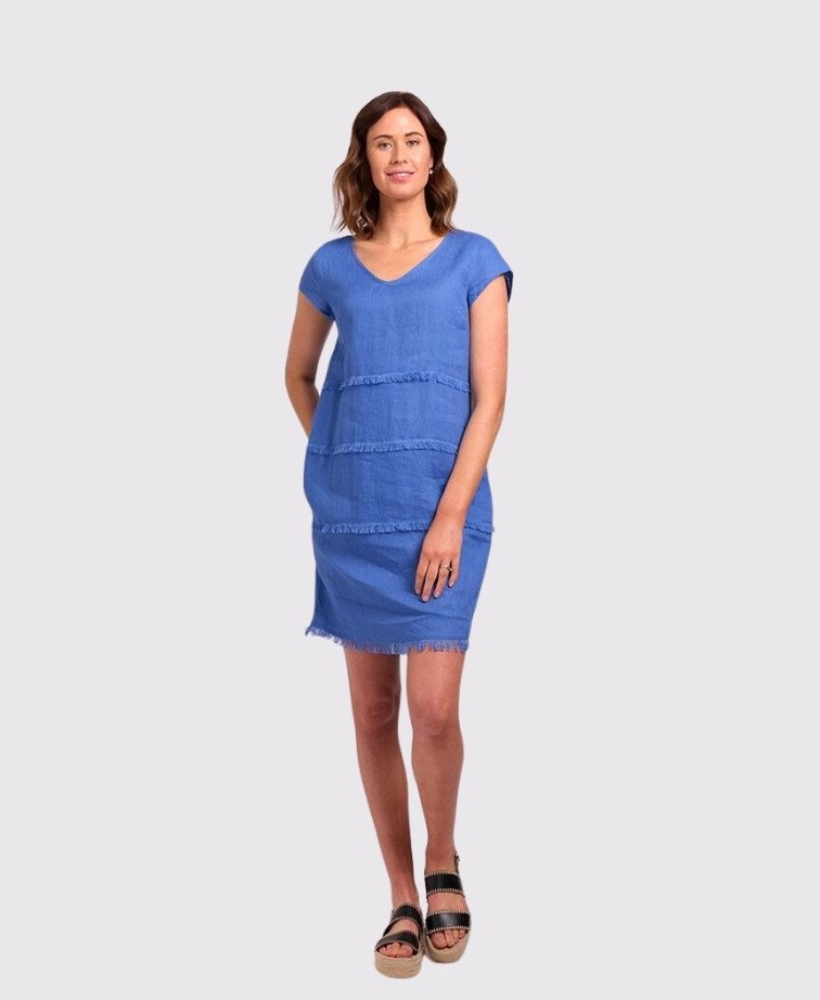 Foil Dress Fringe Detail Linen - Denim