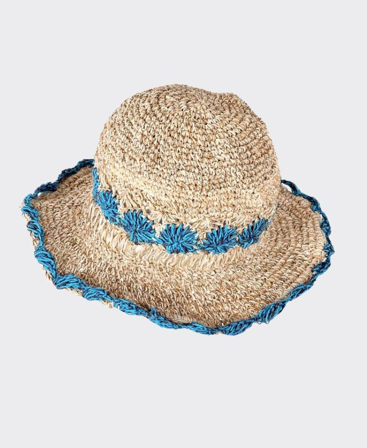 Sababa Crochet Smiley Morning Turquoise Flowers Small Brim - Turquoise