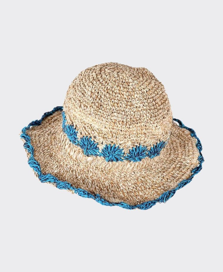 Sababa Crochet Smiley Morning Turquoise Flowers Large Brim - Turquoise