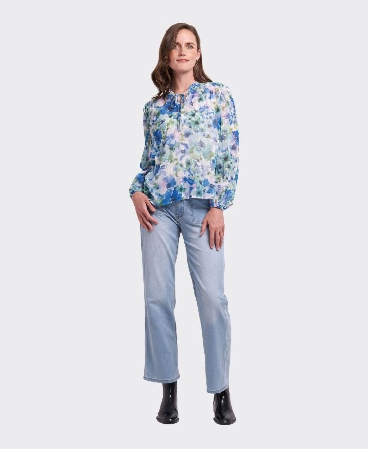 Memo Blouse Shirred Yoke Chiffon - Romantic Blues
