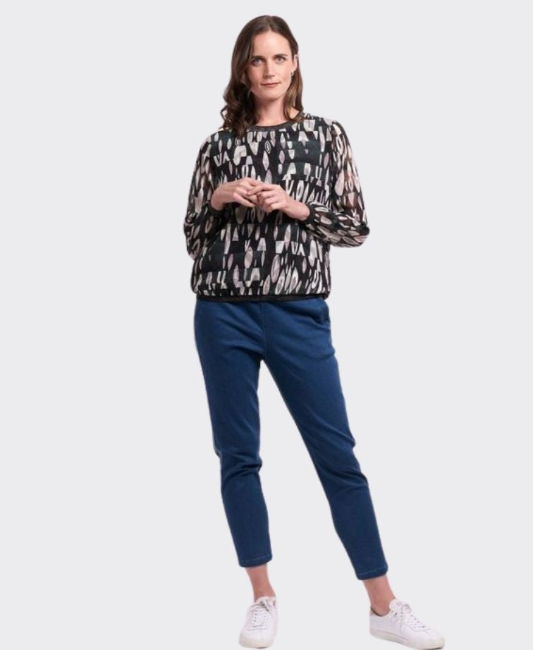 Memo Top Sheer Sleeve Rib Detail - Petrol Drops