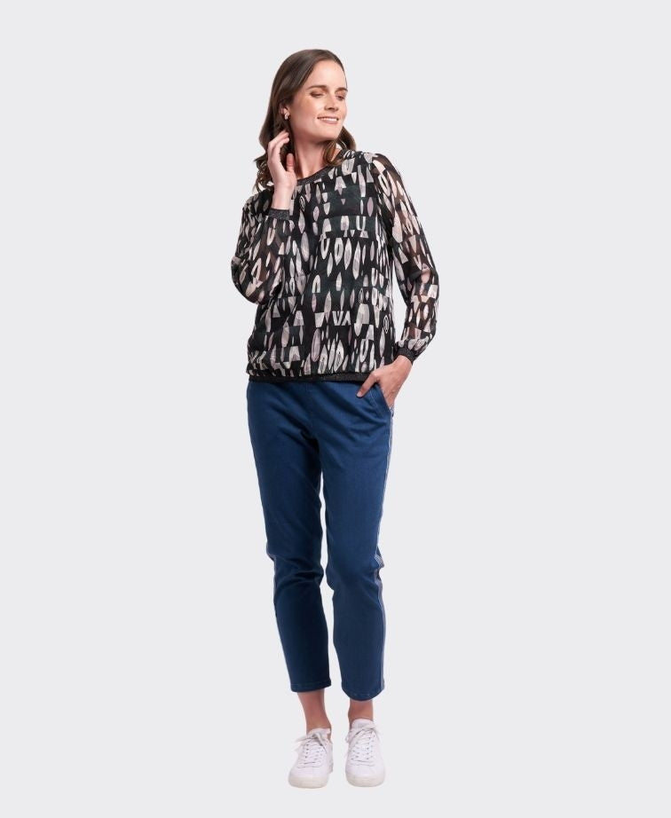Memo Top Sheer Sleeve Rib Detail - Petrol Drops