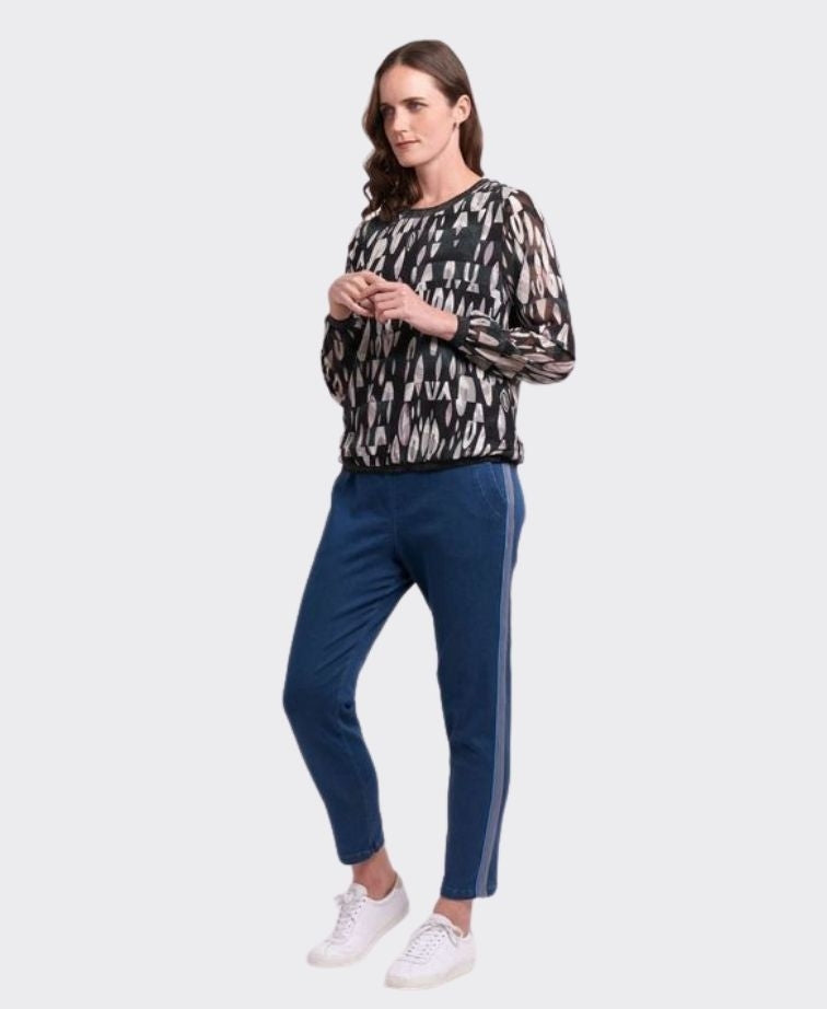Memo Top Sheer Sleeve Rib Detail - Petrol Drops