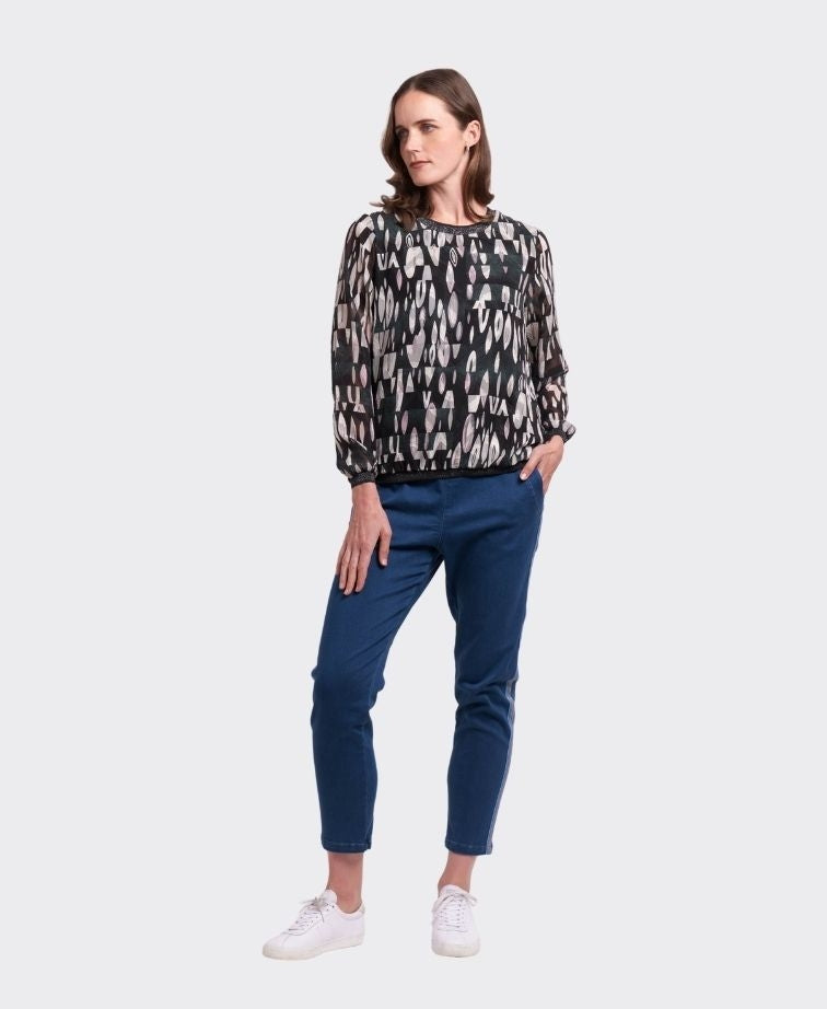 Memo Top Sheer Sleeve Rib Detail - Petrol Drops