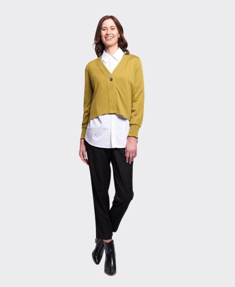 Foil Cardigan Shirred Cuff Merino - Chartreuse