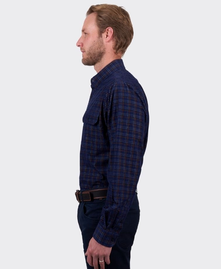 Thomas Cook Shirt L/S Max Brushed Cotton - Navy/Tan