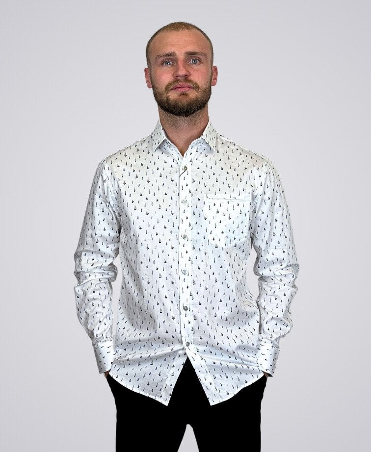 Berlin Shirt L/S Sails Satin Print - White/Blue