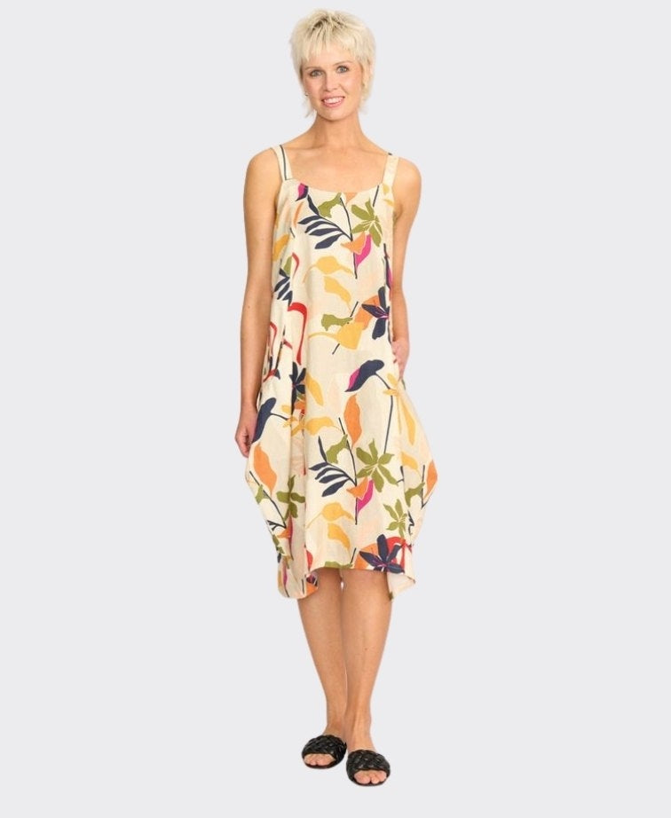 Foil Dress Contrast Straps Linen Cocoon - Abstract Floral