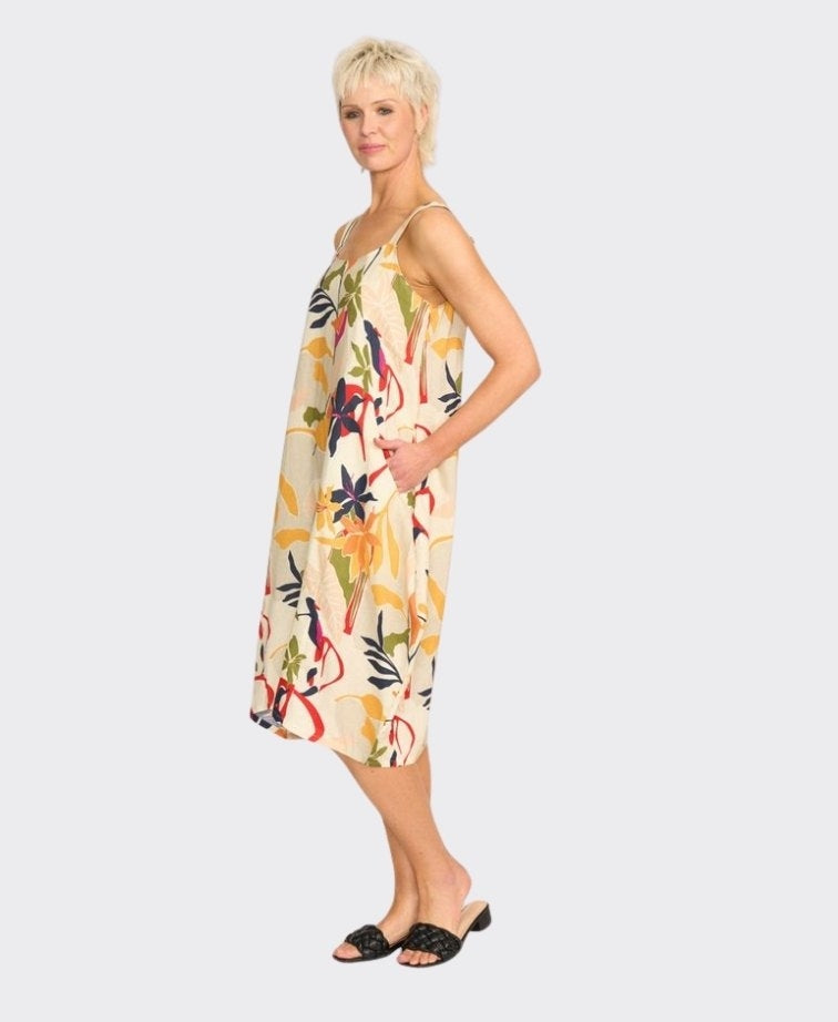 Foil Dress Contrast Straps Linen Cocoon - Abstract Floral