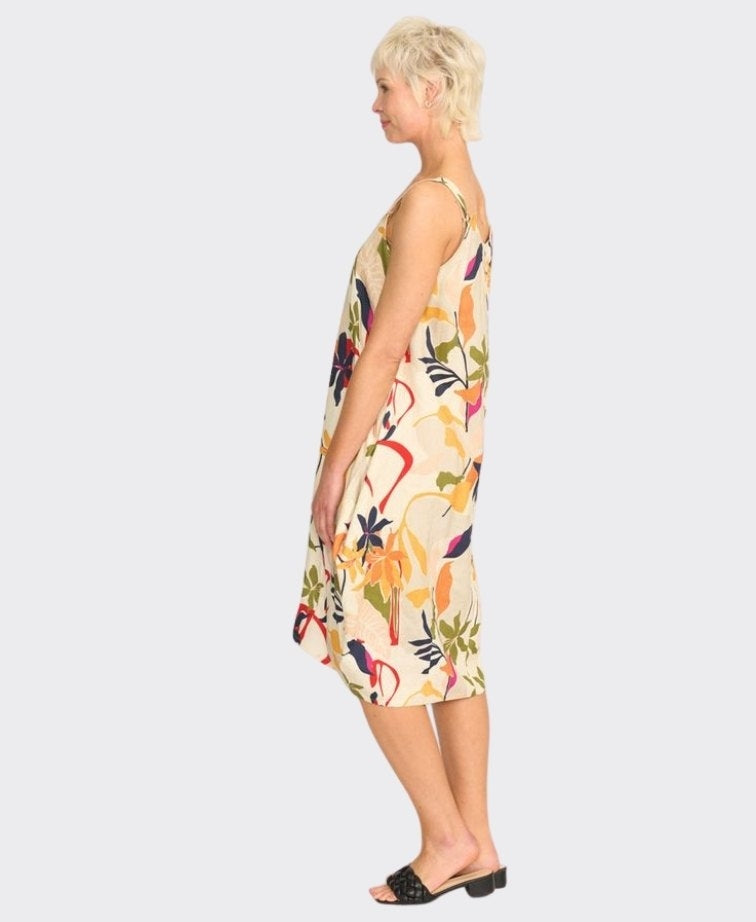 Foil Dress Contrast Straps Linen Cocoon - Abstract Floral