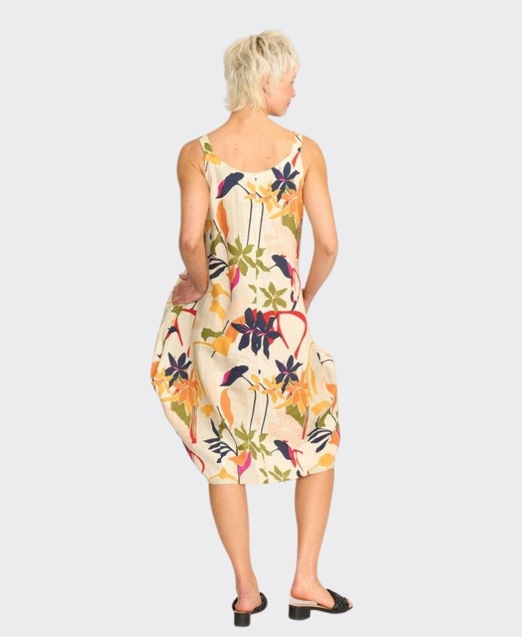 Foil Dress Contrast Straps Linen Cocoon - Abstract Floral