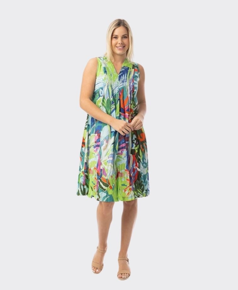 Orientique Dress V Pleated Printed Cotton - Leaves Blue