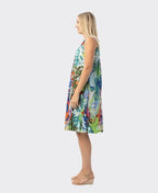 Orientique Dress V Pleated Printed Cotton - Leaves Blue