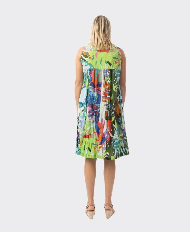 Orientique Dress V Pleated Printed Cotton - Leaves Blue