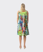Orientique Dress V Pleated Printed Cotton - Leaves Blue