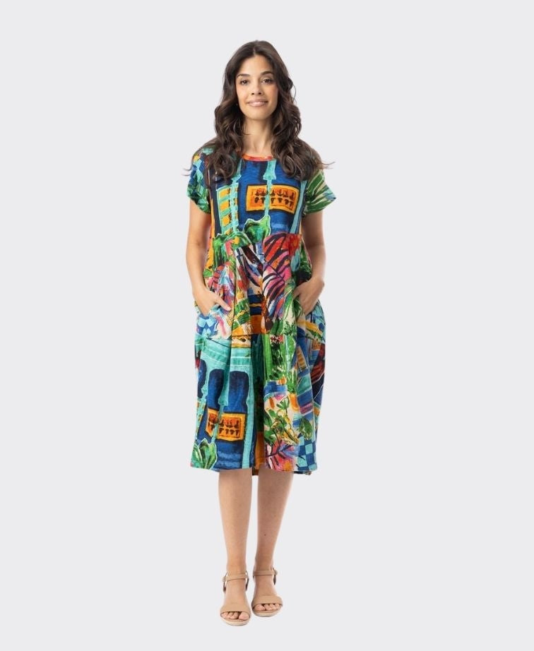Orientique Dress S/S Bubble Printed Cotton - Oasis