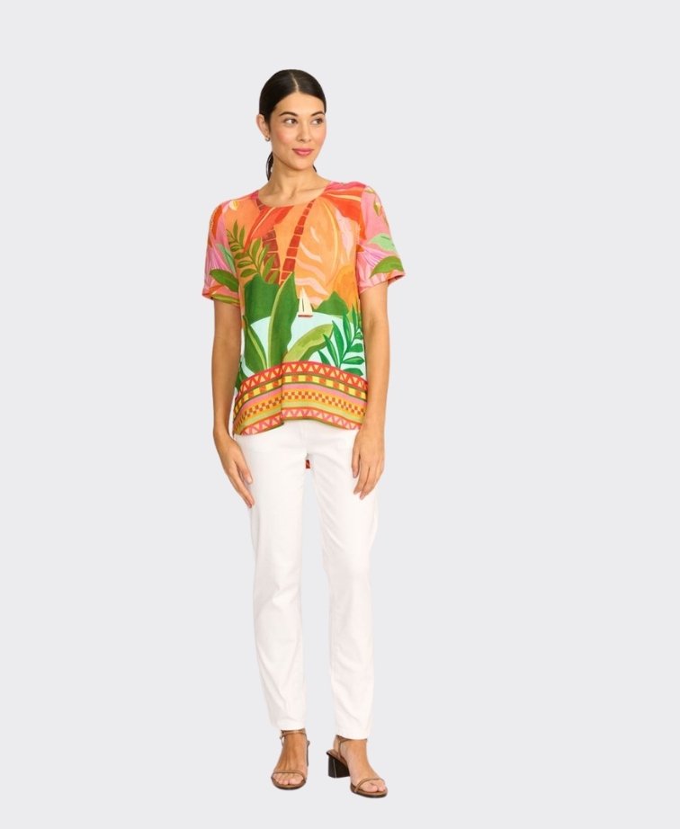 Foil Top S/S Pleat Back & Contrast Shaped Hem - Sun-Kissed