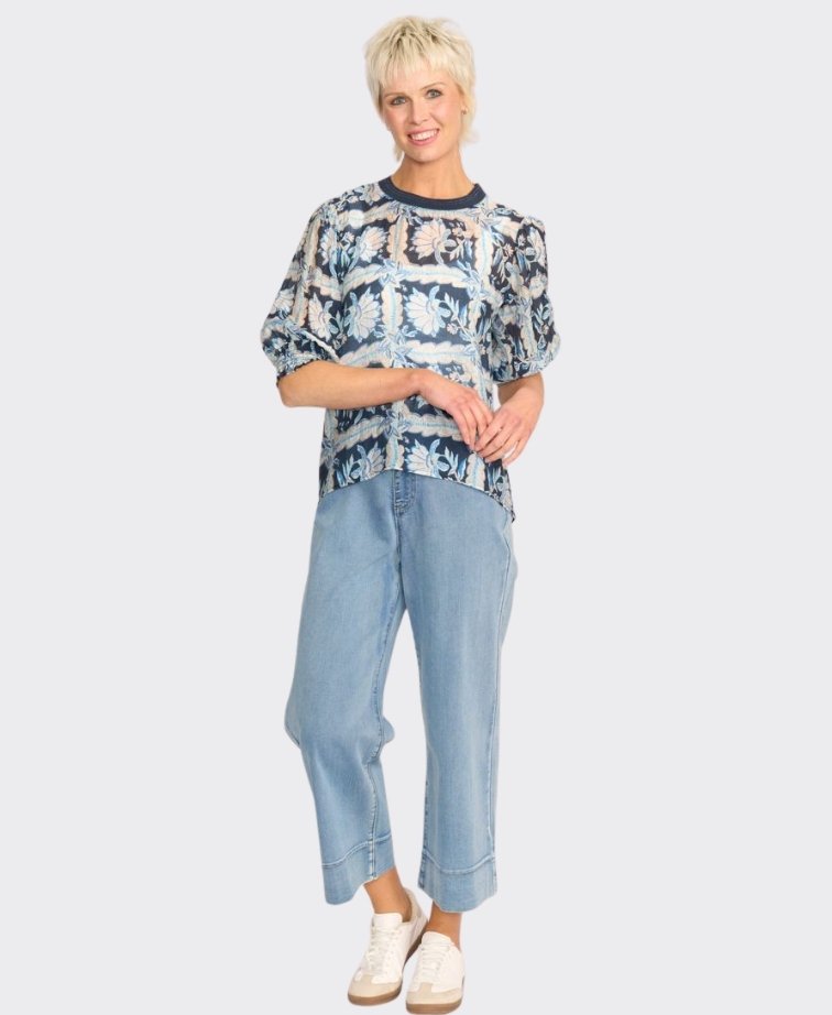 Memo Blouse Rib Trim Chiffon Floral - Denim Floral