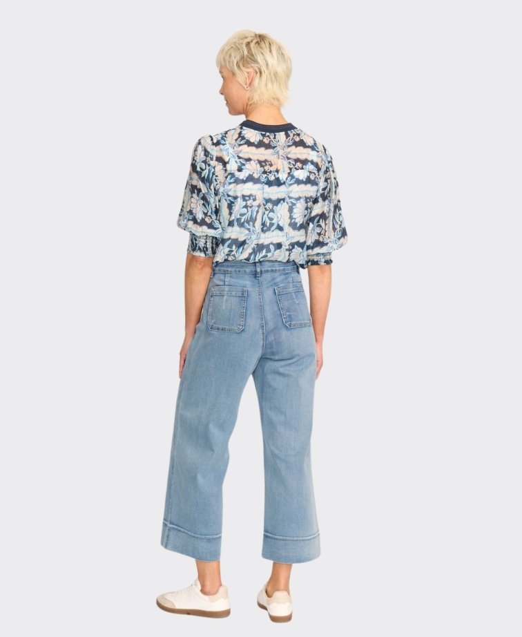 Memo Blouse Rib Trim Chiffon Floral - Denim Floral