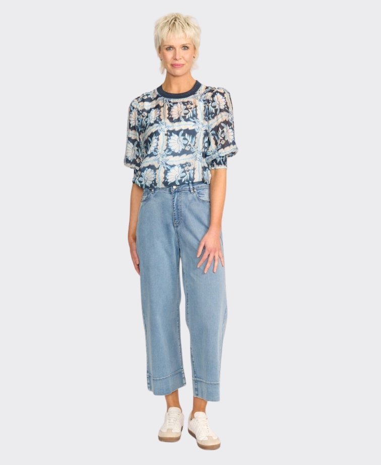Memo Blouse Rib Trim Chiffon Floral - Denim Floral