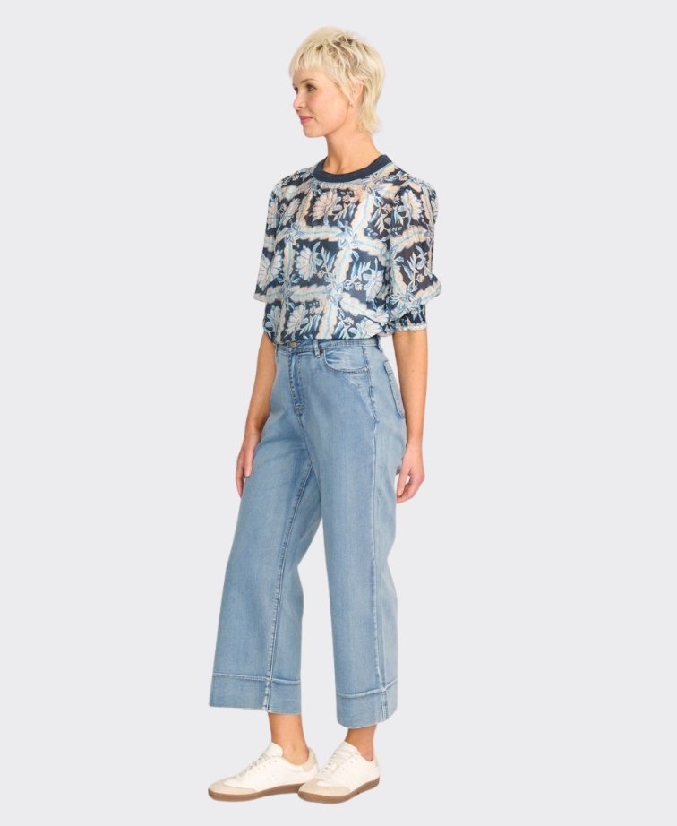 Memo Blouse Rib Trim Chiffon Floral - Denim Floral