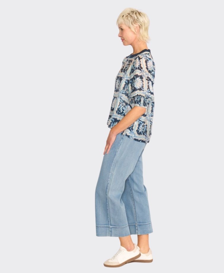 Memo Blouse Rib Trim Chiffon Floral - Denim Floral
