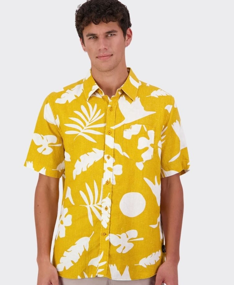 Swanndri Shirt S/S Leafage Linen - Amber/White