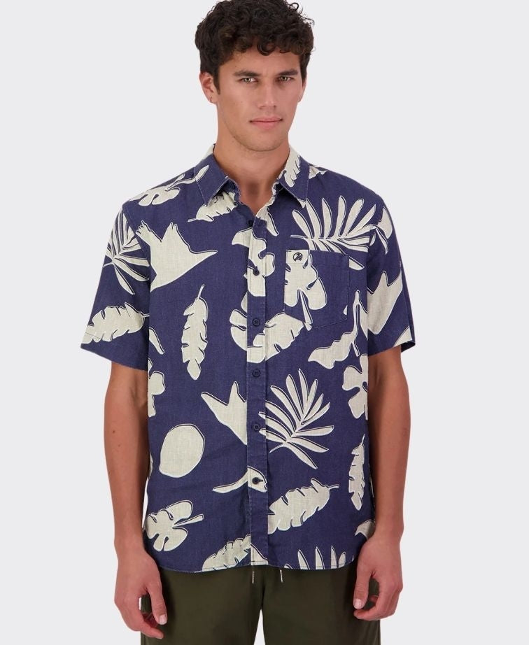 Swanndri Shirt S/S Leafage Linen - Navy/Platinum